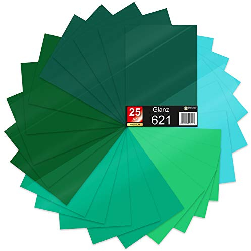 25 x Din A4 Bögen Plotterfolie 621/631 Selbstklebende Folie im Set Vinyl zum Plotten DIY Bastelfolie Sticker Beschriftung Aufkleber 29,7x21cm (Grüntöne matt, 25er Set)