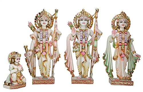 Ram Darbar Statue 18 inches Hand Painted Marble Ram darbar Murti Large Ram Darbar Statues Lord Rama Hanuman Lakshman Sita Mata Temple Hindu God Home Temple decor Diwali Housewarming Gifts Sculpture