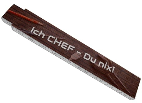 Ich Chef - du nix! Meterstab aus Holz mit Werkzeug Hintergrund Werkzeug Geschenk lustiger Zollstock Chef Gliedermaßstab mit Spruch bedruckt und qualitativ hochwertig verarbeitet