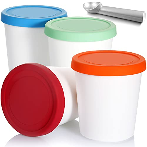 Nuenen 5 Pack Ice Cream Containers 1Qt Freezer Storage Tubs with Silicone Lids and Spoon for Homemade Ice Cream Reusable, Sorbet Dishwasher Safe (Blue, Red, Green, Orange)