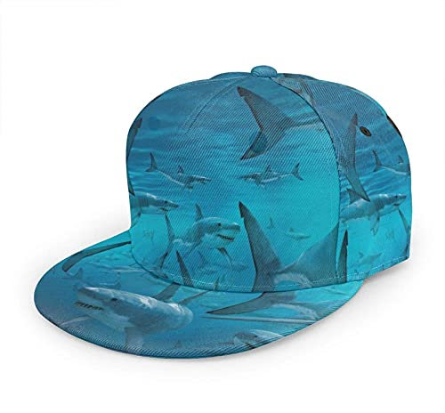 Oaieltj Unisex Baseballkappe Damen Herren Junge Mädchen Mode verstellbar 3D gedruckt Flat Bill Baseball Cap, Unterwasser Hai Gruppe Sea Blue, One size