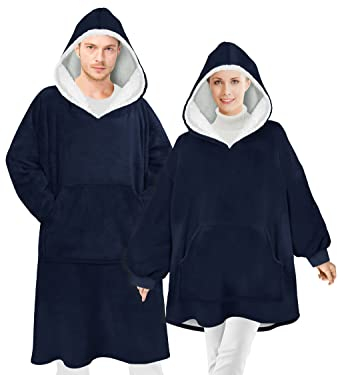 Emily´s Check Hoodie Oversize Kuschelfleece mit Kapuze und Bauchtasche 1584.2299, mit Sherpa Größe L-XXL, Marine