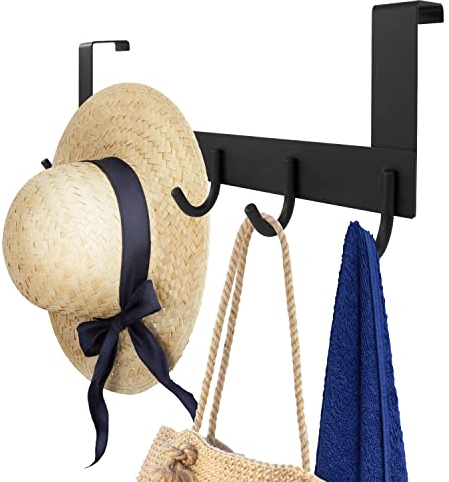 joeji's Kitchen Over Door Hanger Hook Stainless Steel in Black 40cm with 6 Door Hooks & Anti Scratch Foam Pads - Drill Free Multiuse Over Door Towel Rack for Bedroom Bathroom or as a Coat Rack