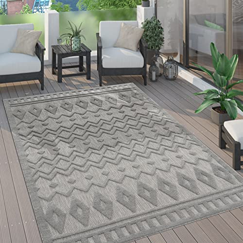 Paco Home Outdoor Teppich wetterfest & langlebig Moderne Boho-Designs mit 3D-Effekt Skandi-Look UV-beständig & robust für Balkon, Garten, Wohnzimmer & Küche, Grösse:60x100 cm, Farbe:Grau 3