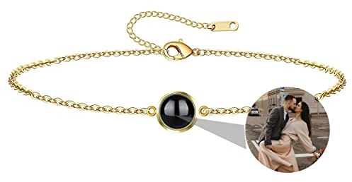 Nergaebe Benutzerdefiniertes Foto Armband für Frauen - Personalisiertes Projektion Armband Mit Bild im Stein - Sterlingsilber Kreis