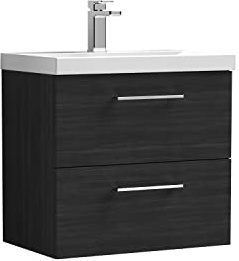 nuie ARN624A Arno Modern Bathroom Wall Hung 2 Drawer Vanity Unit with Mid-Edge Ceramic Basin, 600mm, Woodgrain Charcoal Black