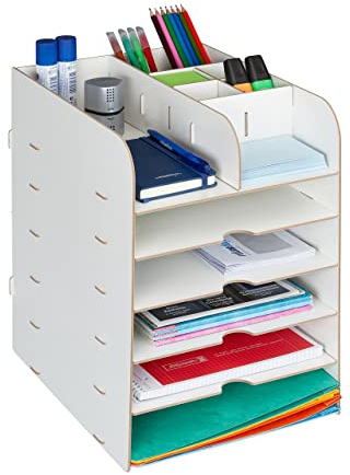 Relaxdays Schreibtisch Organizer mit Dokumentenablage, 12 Fächer, HBT: 34,5 x 25 x 32 cm, Büroorganizer MDF, weiß