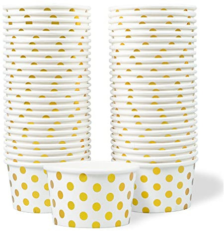 MATICAN Paper Ice Cream Cups - 50 Pack, 16 Oz Disposable Dessert Bowls for Hot & Cold Foods, Gold Foil Polka Dots