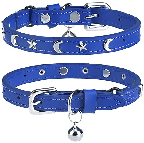 DILLYBUD Leather Collar for Cats with Bells and Safety Elastic Insert – Personalizable with Star and Moon Studs, Adjustable Safety Buckle Collars for Small and Large Cats