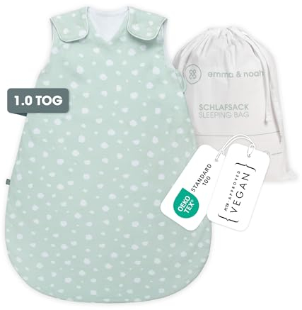 emma & noah Baby Schlafsack 1.0 TOG, Ganzjahres Schlafsack für den Frühling, Sommer und Herbst, 100% Bio-Baumwolle, Oeko-TEX Zertifiziert, Strampelsack für Neugeborene (Punkte Mint, 100 cm)