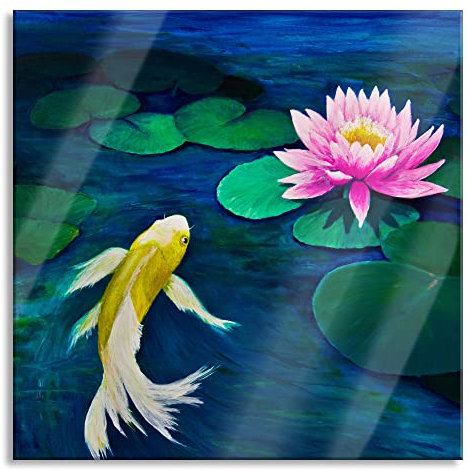 Pixxprint Glasbild, Wandbild auf Echtglas, Koi mit Seerose Kunst, 60x60 cm, inkl. Aufhängung und Abstandshalter