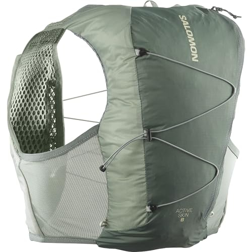 Salomon Active Skin 8 No Flasks Unisex-Hydrationsweste Trail running Wandern MTB, Kompatibel mit weichen Trinkflaschen (nicht enthalten), Einfache Flüssigkeitszufuhr, Präzise Passform, Grün, XL