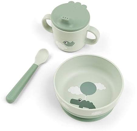 Done by Deer Foodie first meal Geschirrset Happy clouds Grün - Praktische kindergeschirr - baby löffel, Schüssel mit saugnapf und Trinkbecher, 100% PP in Lebensmittelqualität mit rutschfestem TPE