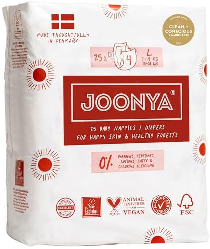 Joonya Baby Windeln, Größe 4 L (7-14 kg) - 1 Beutel mit 25 Stück - Schadstofffrei, Umweltfreundlich, Hohe Saugkraft, Nachtnutzung, Ultraflach & Weich - Hergestellt in Dänemark