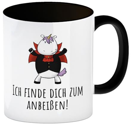 Einhorn-Vampir Kaffeebecher in schwarz mit Spruch Ich finde dich zum Anbeißen eine lustige Tasse für das Büro Einhorn Vampir Halloween lustiger Kaffeetasse Motiv grimmig