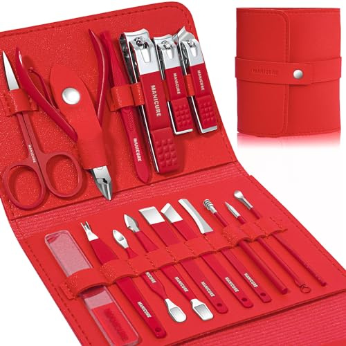 Manicure Set Professional Nail Clippers Pedicure Kit 16pcs | Stainless Steel Nail Care Tools Grooming Kit with Luxurious Travel Leather Case for Thick Nails Men Women Gift