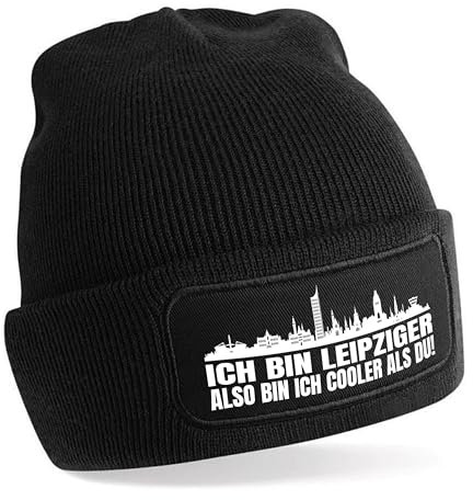 Beanie Strickmütze mit Spruch | Ich bin Leipziger also bin ich cooler als du! | schwarz | weiche und warme Fußball Mütze für Leipzig Fan | Skyline | SoftTouch Einheitsgröße für Erwachsene