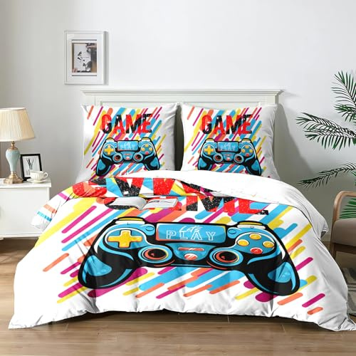 Yzehomijia Gamer Housse De Couette 200×200cm,Gaming Housses de Couettes Manette de Jeux Néon Bleu Couvre Lit Carré Géométrique,1 Gamepad Enfant Parure de lit+2 taies d'oreiller 65 x 65 cm.（G1×200）