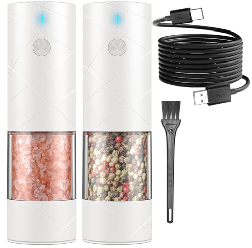 Pcivzxam Set de Moulin à Sel et Poivre Électrique Rechargeable USB, Réglable en Grosseur, Ensemble de Moulin à Sel et Poivre Automatique.