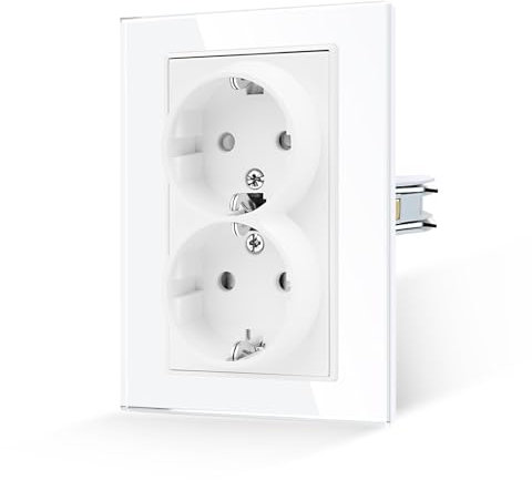 JIMEIDA Doppelsteckdose Glas Weiß Mit Haken 1 Fach 16 Amp Standard Schuko Steckdose Gehärteter Glasscheibe Schutzkontakt Wandsteckdose