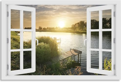 timalo Wandbild Outdoor wetterfeste Bilder für draußen | Gartenbilder Innen & Außen | Landschaftsbilder Acryl Glas Fensterblick Effekt | 120x80cm Sommer See Steg Natur