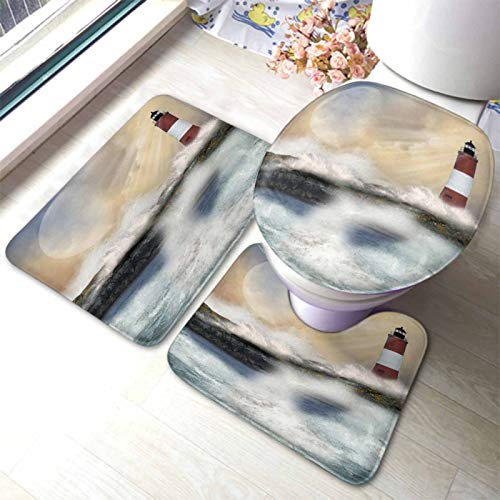 Set 3 Teilig Badvorleger Leuchtturm Leuchtturm In Einer Klippe Mit Großen Wellen Glitzern U-Förmigen Contour Matte Weiche Wasserabsorbierend Fußmatte, Für Spa, Dusche