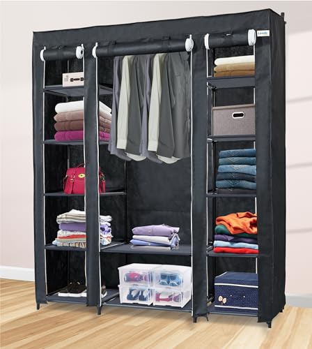 Lendo Online Kleiderschrank - Stoffschrank mit Kleiderstange & Ablagen - Faltschrank für Schlafzimmer, Ankleidezimmer, Garderobeschrank - Schwarz oder Grau (Schwarz, 145x44x170cm)
