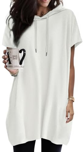 Dokotoo Kapuzenpullover Damen Hoodie Oversize T-Shirts Sommer Oberteile Kurzarm mit Kapuze Pullover Sweatshirt Tops Lässig Einfarbig Tshirts Oberteil Weiß 2XL