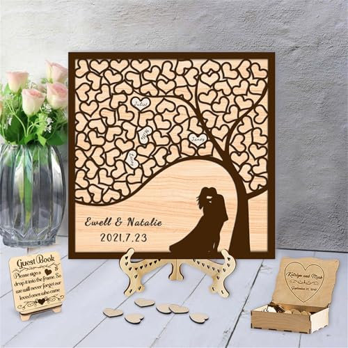 Libro degli ospiti per matrimonio con albero della vita personalizzato alternativo con cartello a cuore in legno personalizzato albero della famiglia cornice rustica per ricevimenti, albero della
