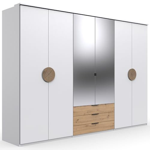 Lomadox Kleiderschrank Ankleide Drehtürenschrank 6-türig in weiß mit Eiche Nb. Spiegeltür Griffscheiben Schlafzimmer Ankleidezimmer, B/H/T ca. 270/210/58 cm