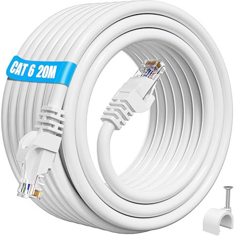 ikbc Cable Ethernet 20 Metros, Cable de Red Cat 6 Alta Velocidad Cable RJ45 20m Exterior Interior, 23AWG Gigabit Cable de Internet 20 metros Impermeable para PS5/4 Rúter (20 Clips)