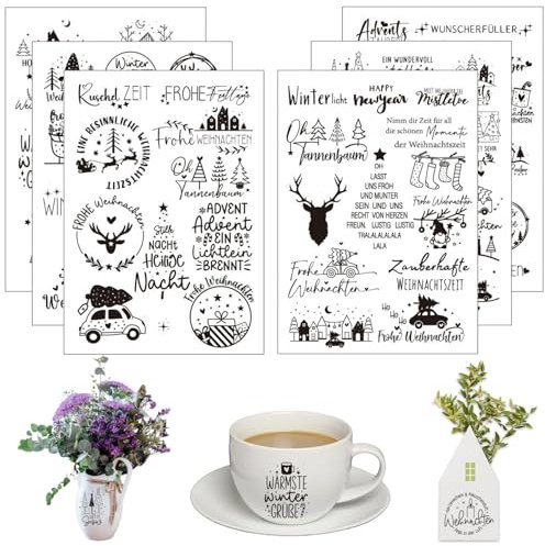 QZKJQDD 6 Stück Rub On Sticker, Rub On Sticker Weihnachten, Rub On Aufkleber Weihnachten, Rub ons, Rub On Sticker Keraflott, Für Möbel, Glas, Holz, Scrapbooking, DIY Basteln Deko (Weihnachten)