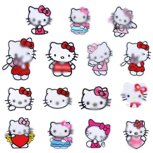 Flicken Zum Aufbügeln Kinder mit Kitty 15 Stück Patches Zum Aufbügeln Bügelflicken Kinder Aufnäher Patches Aufnäher Sticken Kinder für DIY T-shirt Jeans Kleidung Bügelbilder Textilien