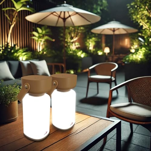 Lunartec Retro-LED-Laterne: 2er-Set Akku-Gartenlaterne, Kunstleder-Griff, 120 lm, IP44, braun (Hängelaternen, Campingleuchten LED Akku)