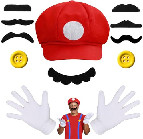 12 Stück Super bros kostüm Accessories, Super Bros Mütze rot und grün Hut, Kostüm Accessories Mütze Handschuhe Hut Bart Knöpfe für Fasching Halloween Karneval Cosplay