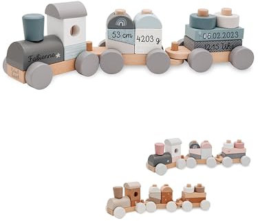 wunderwunsch Personalisierte Holz Eisenbahn Kinder - Geburtstagszug - Zug Baby Eisenbahn - Holzzug Personalisierte Geschenke Baby Spielzeug 1 Jahr Motorikspielzeug (blau, mit Name)