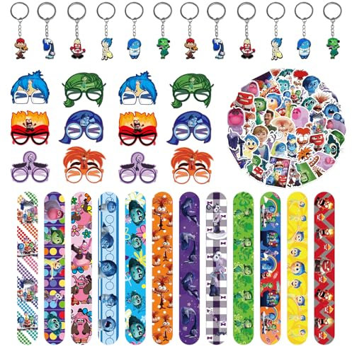 In-side Out Regalo di Compleanno per Bambini, 12Pcs Inside Braccialetti Slap, 12Pcs Inside Portachiavi,50Pcs Inside Adesivi, 12Pcs Occhiali da Festa Bambini, In-side Out Decorazione Compleanno Bambini