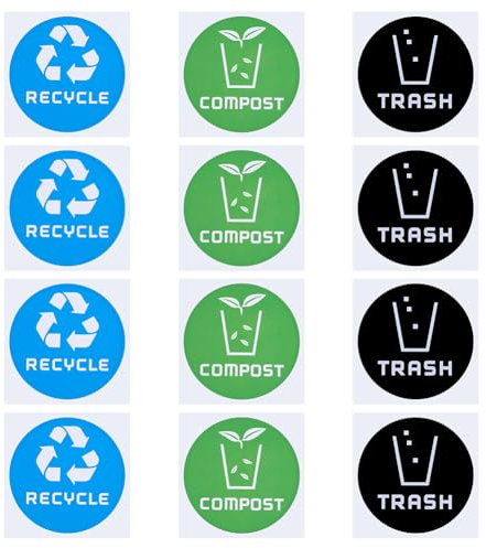 DICOSMETIC 12Pcs Recycle Sticker Trash Bin Label 4.21x4.21 Recycle Trash Compost Stickers Plastic Vinyl Trash Recycle Stickers for Waste Management in Kitchen Home Office Apartment Hotel