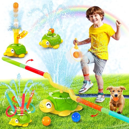 VATOS Turtle Water Sprinkler for Kids, 4 in 1 Outdoor toys with Snail Splash, Ring Toss, Catch Ball Game & Hurdle Play, 360°Roating Spray Summer Fun Backyard Garden Lawn for Toddlers Kids Boys 3-8