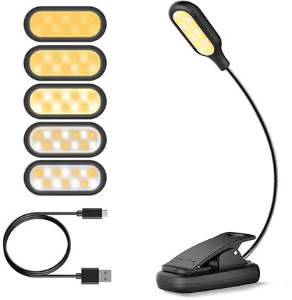 Luz de lectura, 14 LED, 5 Colores de luz, Atenuacion de 4 niveles, Sin Luz Azul, Pinza, 360 Brazo Flexible, Recargable con USB, hasta 150 horas de uso, Facil de Transportar, Ligero. (Vertical)