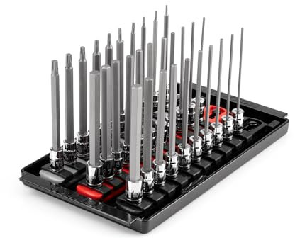 TEKTON 1/4 Inch Drive Long Hex and Torx Bit Socket Set with Rails and Tray, 31-Piece (5/64-5/16 in., 2-8 mm, T6-T30) | SHB90205