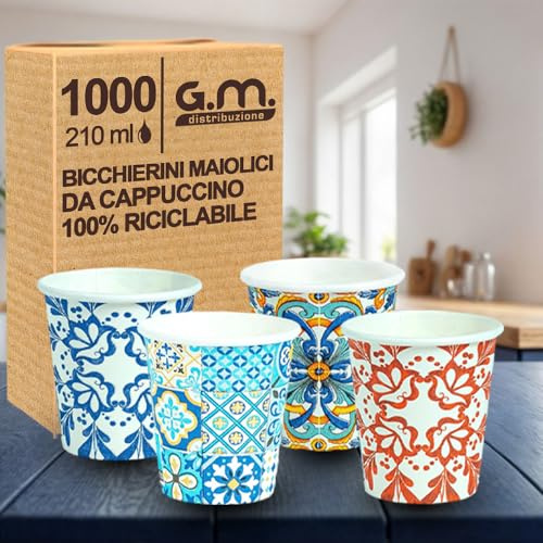 1000 Pezzi Bicchieri da Cappuccino in Carta con Grafiche Maioliche, 210 ml, Biodegradabili Biocompostabili, Usa e Getta, 4 Colorazioni, Ideale per Casa, Ufficio, Asporto Bevande Calde