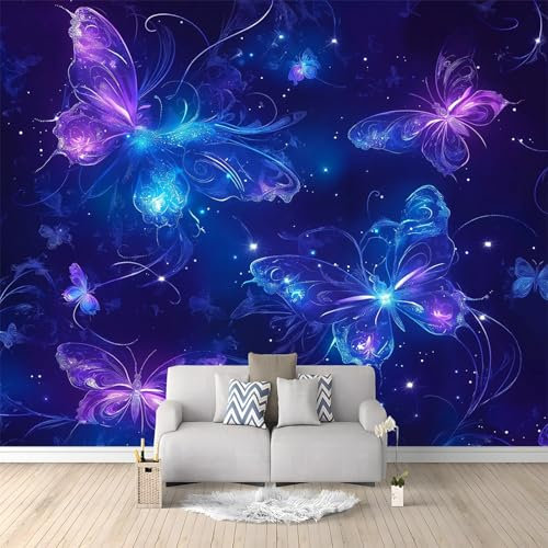 Fototapete Kinderzimmer 3D Effekt Tapete Wandtapete Vliestapete Wandbilder Fantasie Schmetterling Wirbel Motivtapeten Wanddeko Tapeten 350 x 256 cm für Wohnzimmer Schlafzimmer Flur, Blau Lila