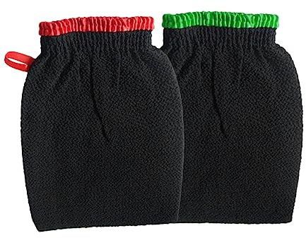 Mikinona 2 Stück Peeling Badehandschuhe Einheitsgröße aus Kunstseide Dehnbar und Maschinenwaschbar mit Aufhängeschlaufe für Damen Herren Dusche Sauna Körperpeeling