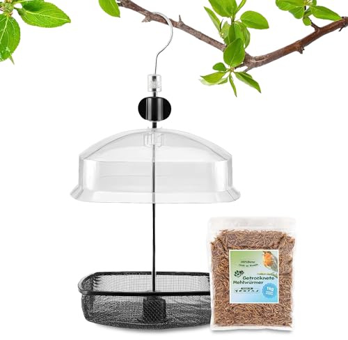 Blumixx Mehlwürmer Futterspender für Vögel, Futterstation mit Vogelfutter 1kg, Premium-Qualität, Nahrhaftes Futter, Futtersäule mit Regenschutz, Perfekt für eine Vielzahl von Wildvögel & Kleintiere