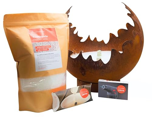 Schwabenfire Outdoor Kerze Edelrost Feuerkugel 40cm mit Dauerdocht + 1KG nachfüll Wachs + Jet Feuerzeug + Dochtlöscher Große Outdoorkerze Wachsfresser für Kerzenreste Balkon Deko Geschenke für Frauen