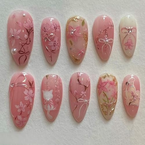 MouyouGlow Press on Nails Kurz,Almond Ombre Rose 3D Blumen Floral Katze Schleife Fliege Bow Tie Design Mandel Y2k Fake Nails mit Nagelkleber,Striped Fairy Sweet Sommer INS Künstliche Fingernägel