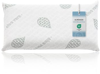 Textilhome 2er-Set Visco-Kissen 75 cm Aloe Vera Memory Foam Viskokern | 100 % Viskokern mit Memory-Effekt, atmungsaktiver Aloe-Vera-Bezug, waschbar und ergonomische Nackenstütze.