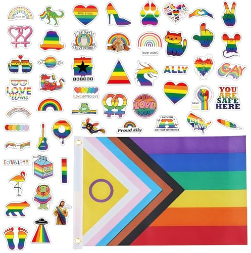 Pride Flag,Pride Sticker 50 Stück,Flagge Regenbogen Flaggen Lgbtq,Lesbian Progress,Bisexual Deko Fahne Flags,Fächer Gay Girlande,Regenbogenfahne150x90 cm,Stickers Homosexuellen