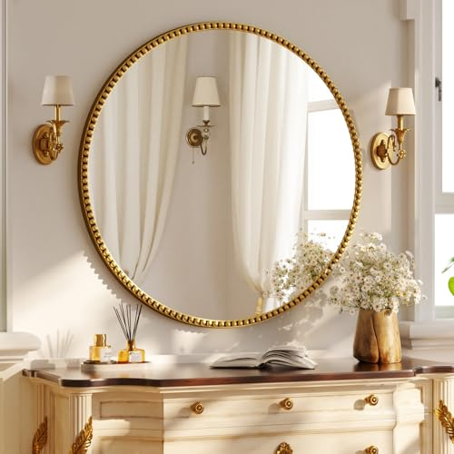 Koonmi runder Wandspiegel 80 cm, PU Perlenrahmen, Gold | Retro Badspiegel zum Aufhängen oder Anlehnen für Eingangsbereich, Schlafzimmer, Wohnzimmer und Flur